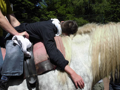 Dominik liegt entspannt auf dem Rücken von Pferd Paul.
