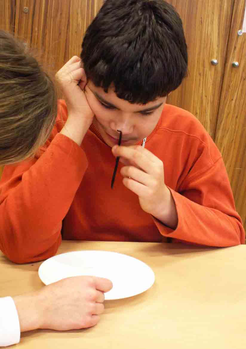 Ein Schüler riecht an einer Vanillestange.